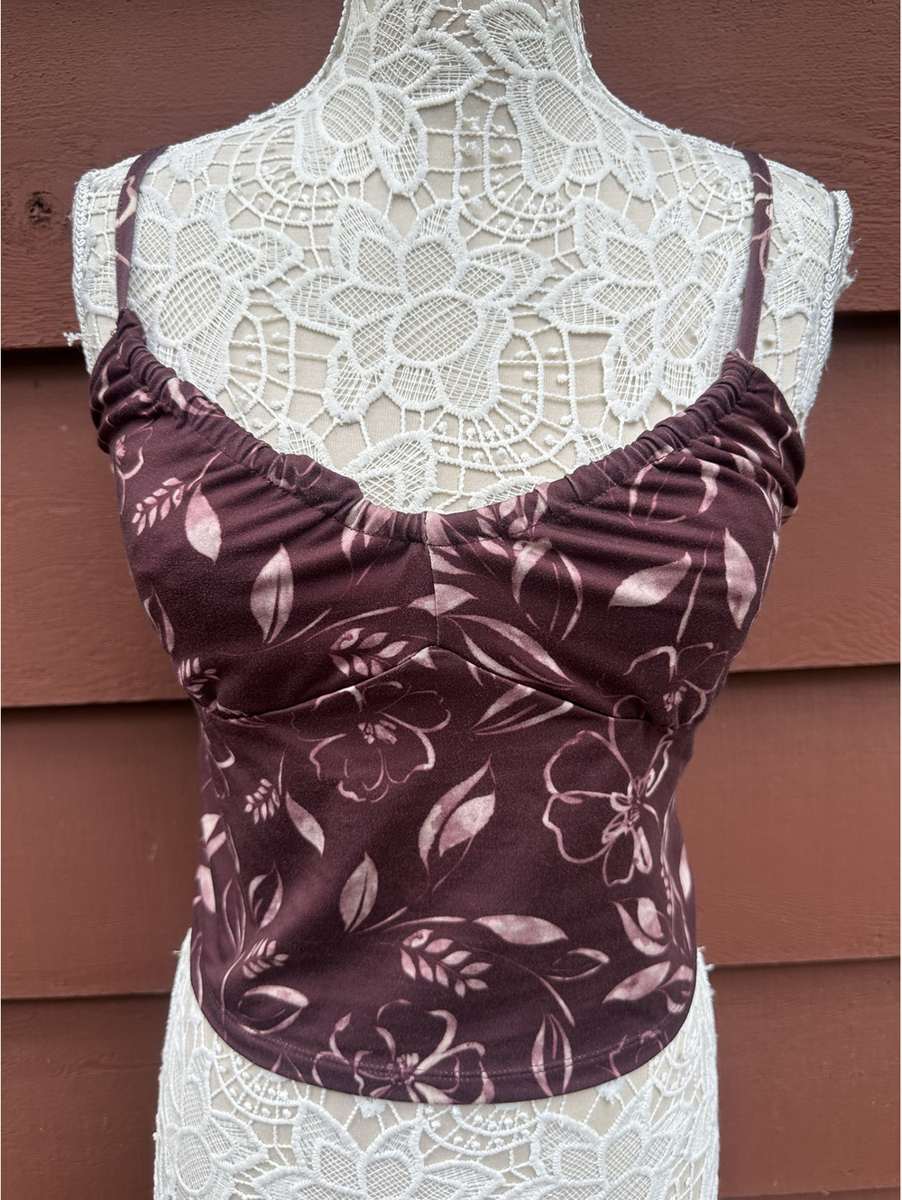 Maroon Floral Cami Crop Top Y2K Cottagecore Bohemian